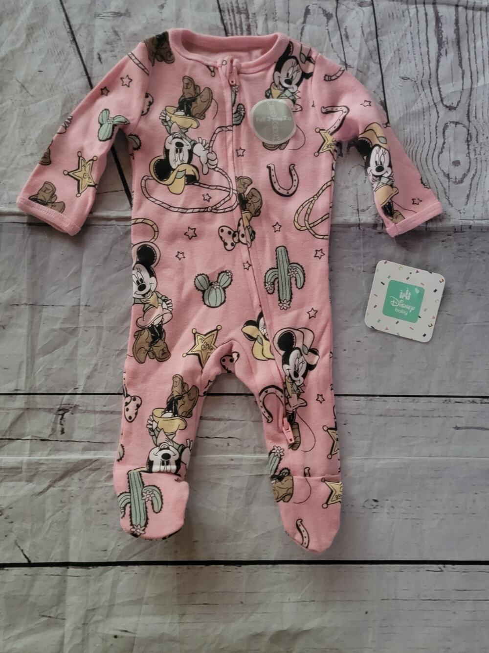 Disney Baby pink Minnie Mouse cowgirl two-way zip footed sleep Play Pajamas NB